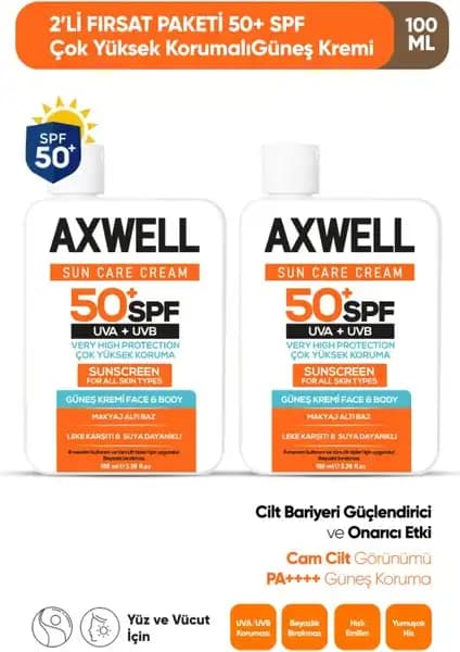 Axwell SPF 50+ 2li Güneş Koruyucu ve Nemlendirici Seti Güçlü Cilt Koruması İçin