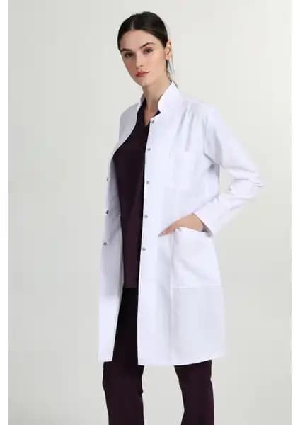 Başak Kadın Uzun Hakim Yaka Doktor Hemşire Öğretmen Beyaz Önlük 185 gr/m2 Alpaka Kumaş