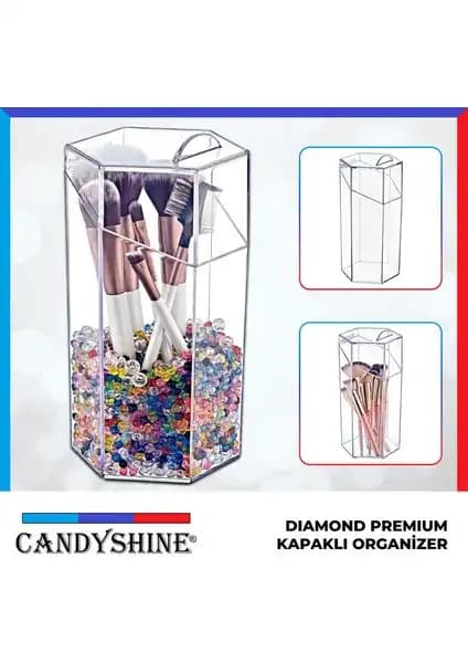 CandyShine Diamond Premium Kapaklı Altıgen Mika Makyaj Fırçası Organizeri Şık ve İşlevsel Tasarım