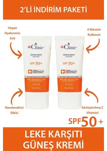 Dr. Clinic Güneş Koruyucu Krem Leke Karşıtı 50+ 2'li 40 ml, Yüksek Koruma ve Hafif Kullanım