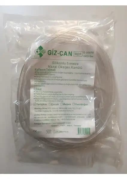 Giz-Can Silikonlu Nazal Yetişkin Oksijen Kanülü 5 Metre Uzunlukta Güvenli ve Konforlu Kullanım