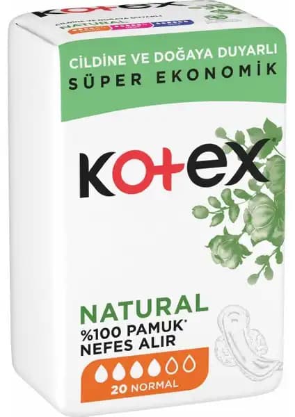 Kotex Natural Hijyenik Ped 20'li günlük kullanım için yüksek performanslı hijyen ürünü