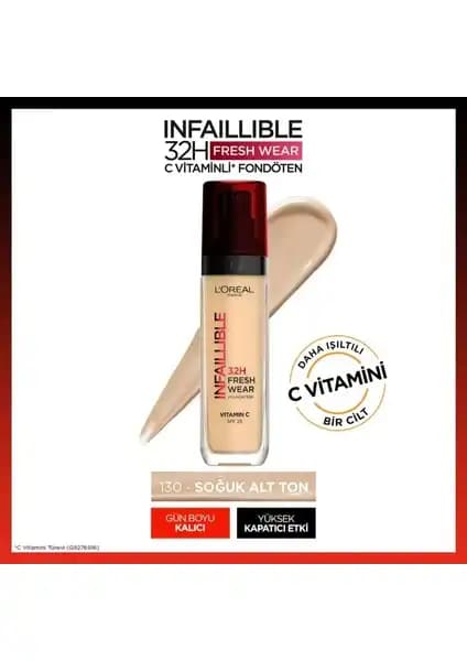 L'Oréal Paris Infaillible 32H Fresh Wear Fondöten C vitamini ile uzun süre doğal görünüm sağlar
