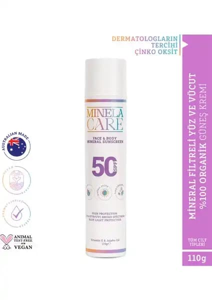 Minela Care %100 Organik Mineral Filtreli Yüz ve Vücut Güneş Kremi SPF 50 Güvenli ve Doğal Koruma Sağlar