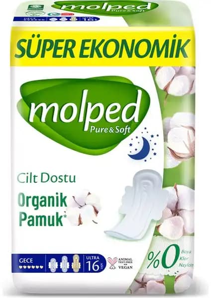 Molped Pure Soft Süper Ekonomi Gece Pedleri 16'lı, Yüksek Emicilik ve Güvenli Koruma Sağlar