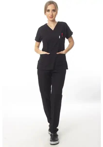 Simirna Üniforma Cerrahi Doktor Scrubs Hemşire Forması Siyah Renkli Modern Tasarım ve Rahatlık