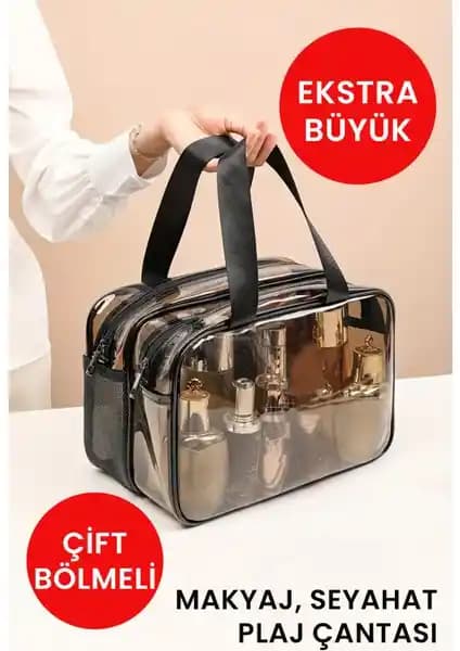 Kayoubi Arnee Şeffaf Çift Bölmeli Seyahat Kozmetik ve Plaj Çantası