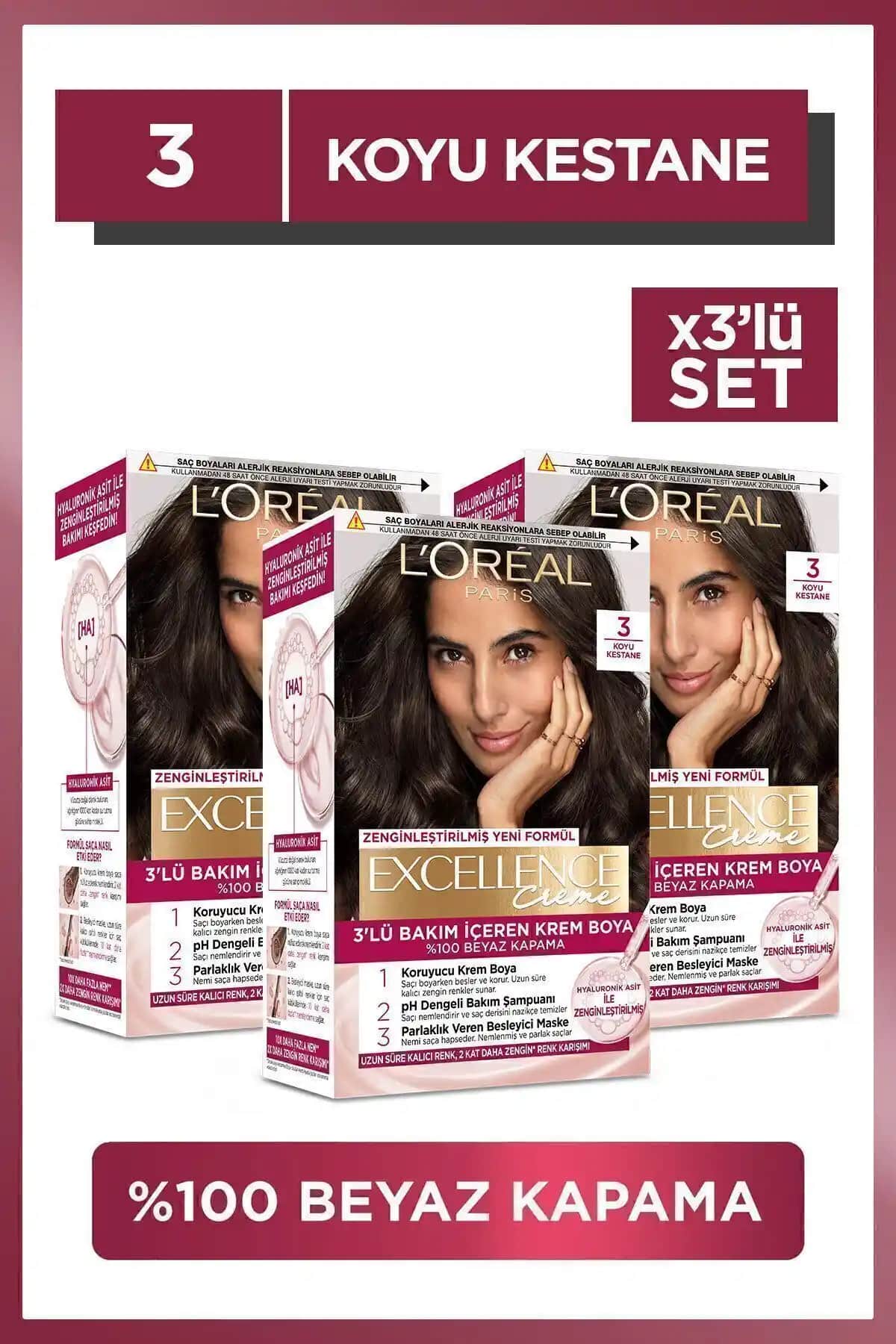 L'Oreal Paris Excellence Creme Saç Boyası 3 Koyu Kestane Profesyonel Kalite ve Uzun Süreli Renk Koruma