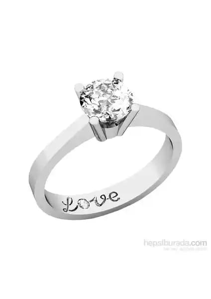 925 Ayar Gümüş Zirkon Taşlı Aşk Tektaş Yüzük, İç Yüzeyde Love Yazısı ve 1 ct