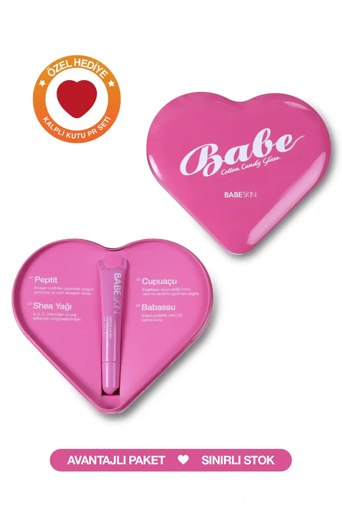 Babeskin Lip Balm Pembe Kalpli PR Kutulu: Vegan ışıltılı tintli dudak nemlendirici