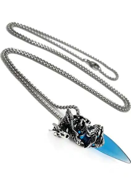 Chavin Erkek Çelik Kolye: Ejderha Temalı, Mavi Taşlı 75 cm Uzun Zincir ve 316L Malzeme