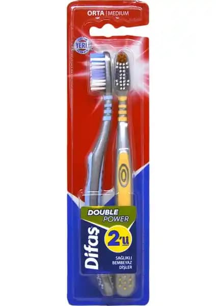 Difaş Orta Sert Double Power Diş Fırçası 2'li Set: Körüklü Boyun ve Kaymayan Sap