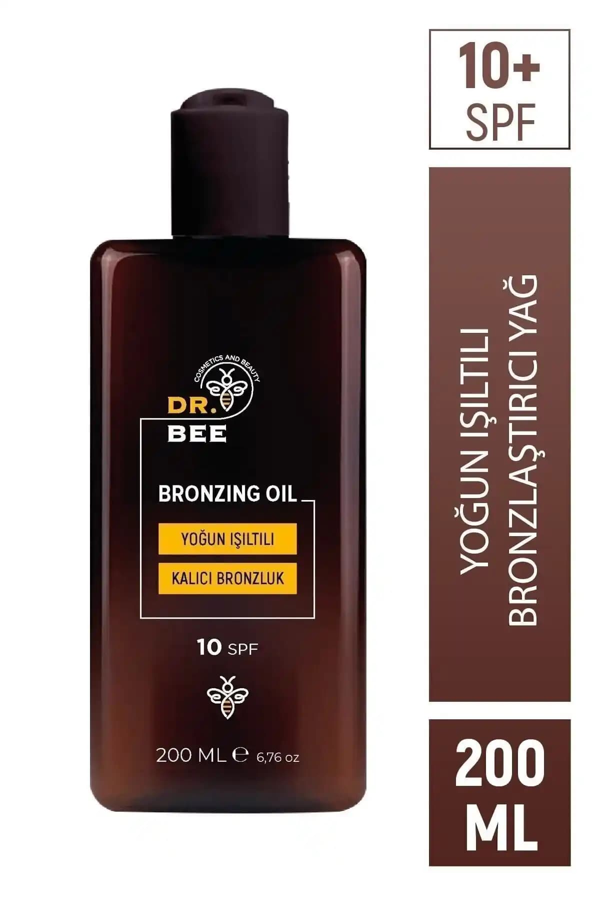 Dr.Bee Bronzlaştırıcı Yağı SPF 10+ ile altın ışıltı ve nemli cilt etkisi, bronzlaşma