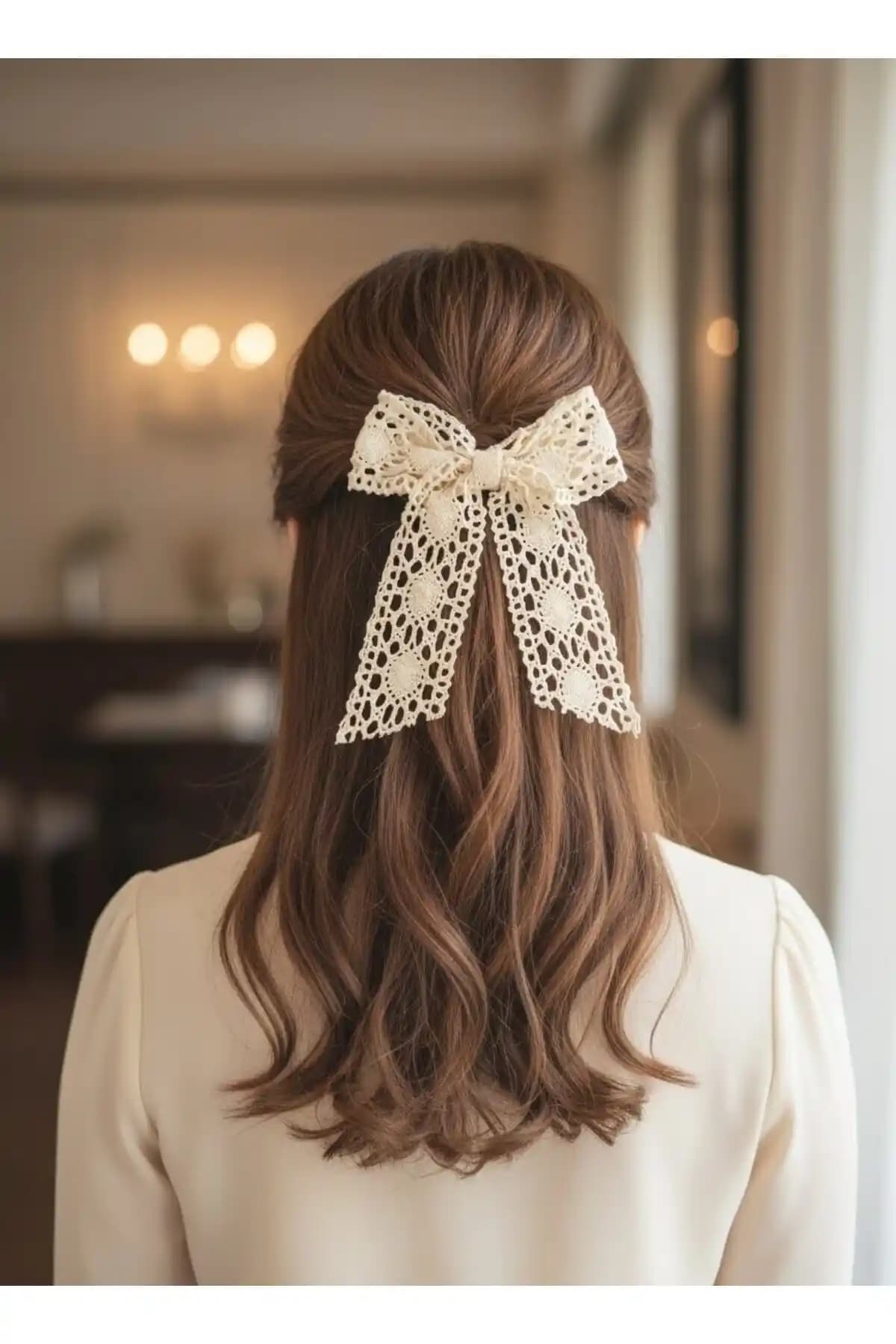 El Yapımı Krem Dantel Otomatik Klipsli Fiyonk Toka – Zarif Bej Saç Aksesuarı