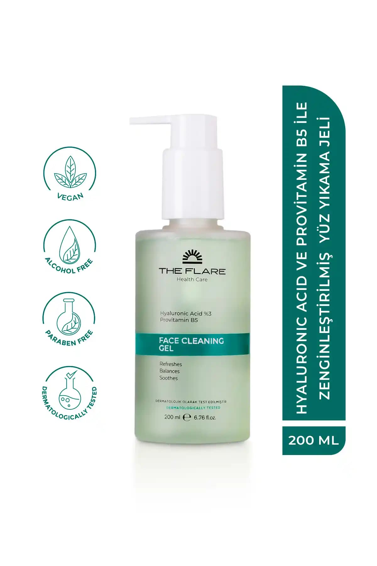 Flare Sağlık Hyaluronik Asit ve Provitamin B5 İçeren Yüz Yıkama Jeli – Tüm Ciltler, 200 ml