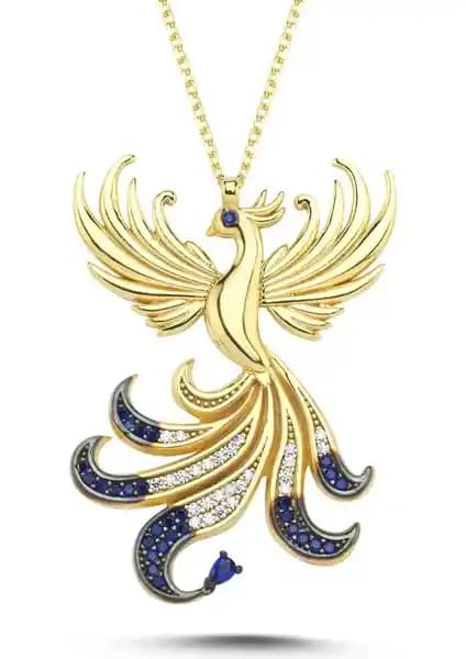 Kayra Mücevher Kraliçe Anka Kuşu Altın Kaplama Kolye – 925 Ayar Gümüş, İki Tonlu Tasarım