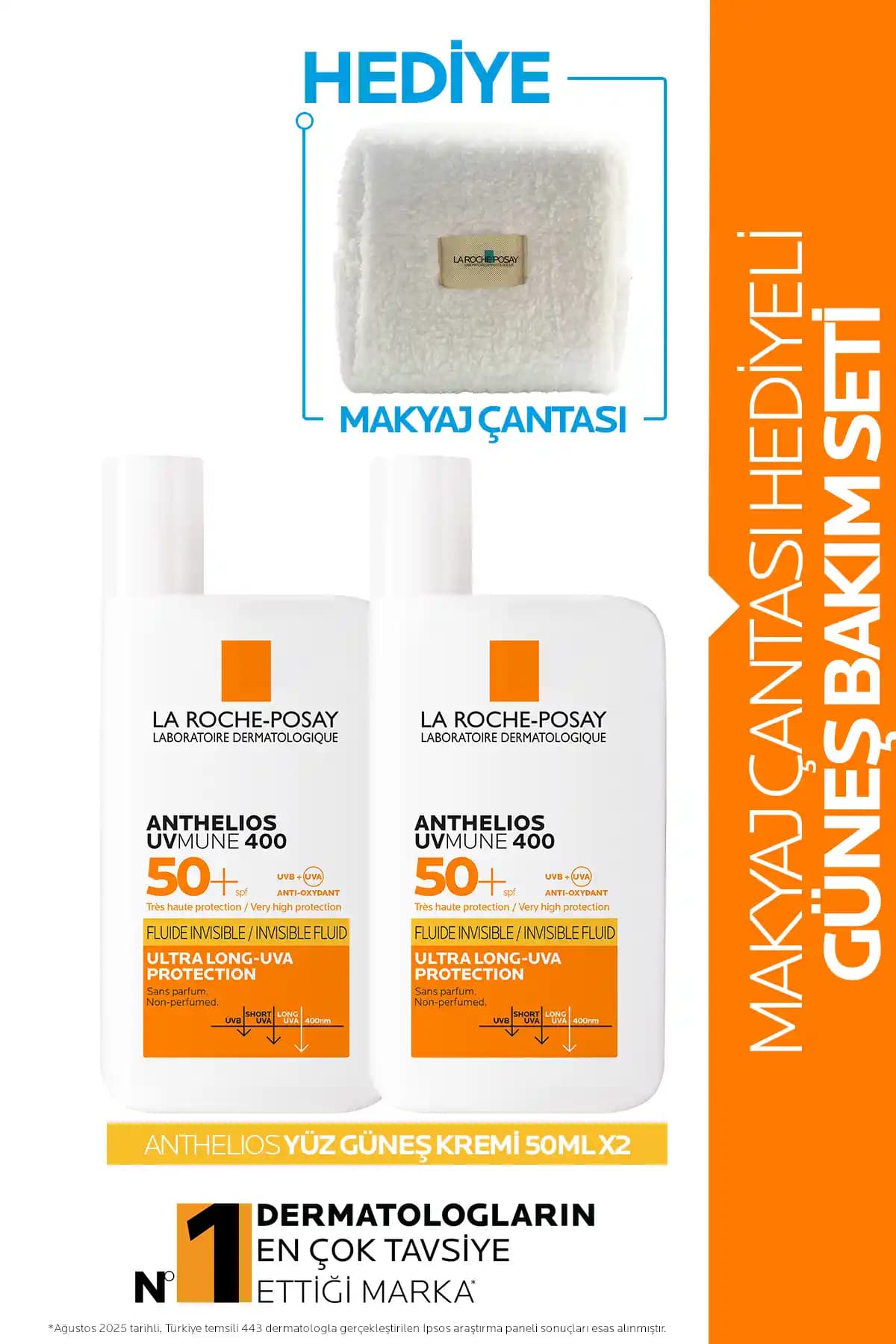 La Roche-Posay Anthelios Yüz Güneş Bakım Paketi SPF50+; 2×50 ml Tüpler ve Makyaj Çantası