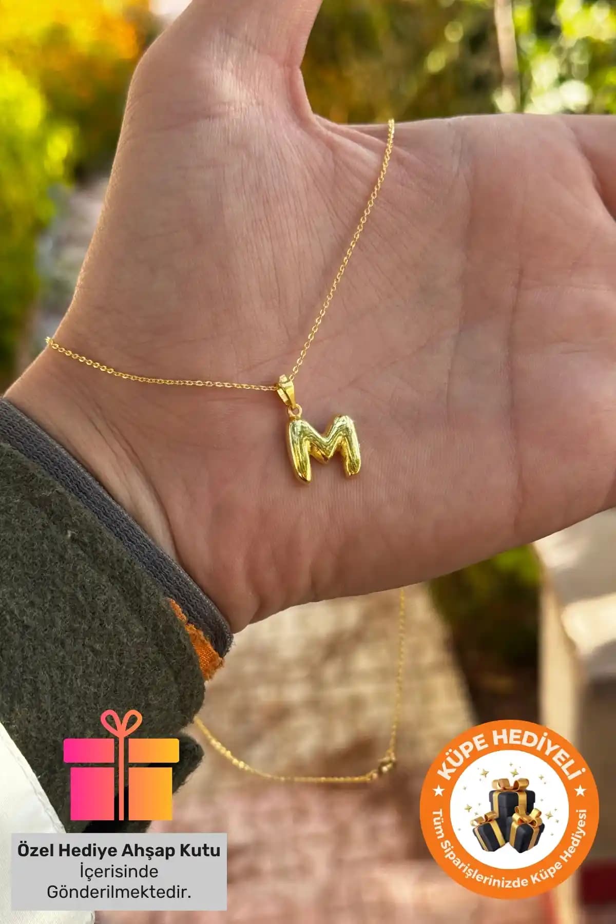 Lucente Jewellery M Harfi 3D Gümüş Kaplama Kolye - 45 cm Zincirli Hediye Kutusu