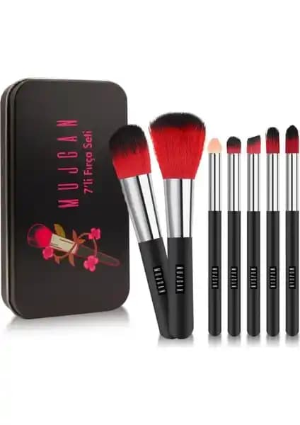 MUJGAN 7’li Siyah Metal Kutulu Profesyonel Makyaj Fırça Seti - Vegan ve Test Edilmemiş
