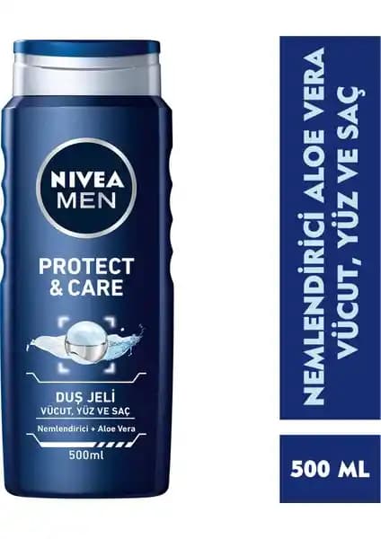 NIVEA Men Protect&Care Duş Jeli: 3'ü 1 Arada Cilt, Saç ve Yüz İçin Aloe Vera Destekli Bakım