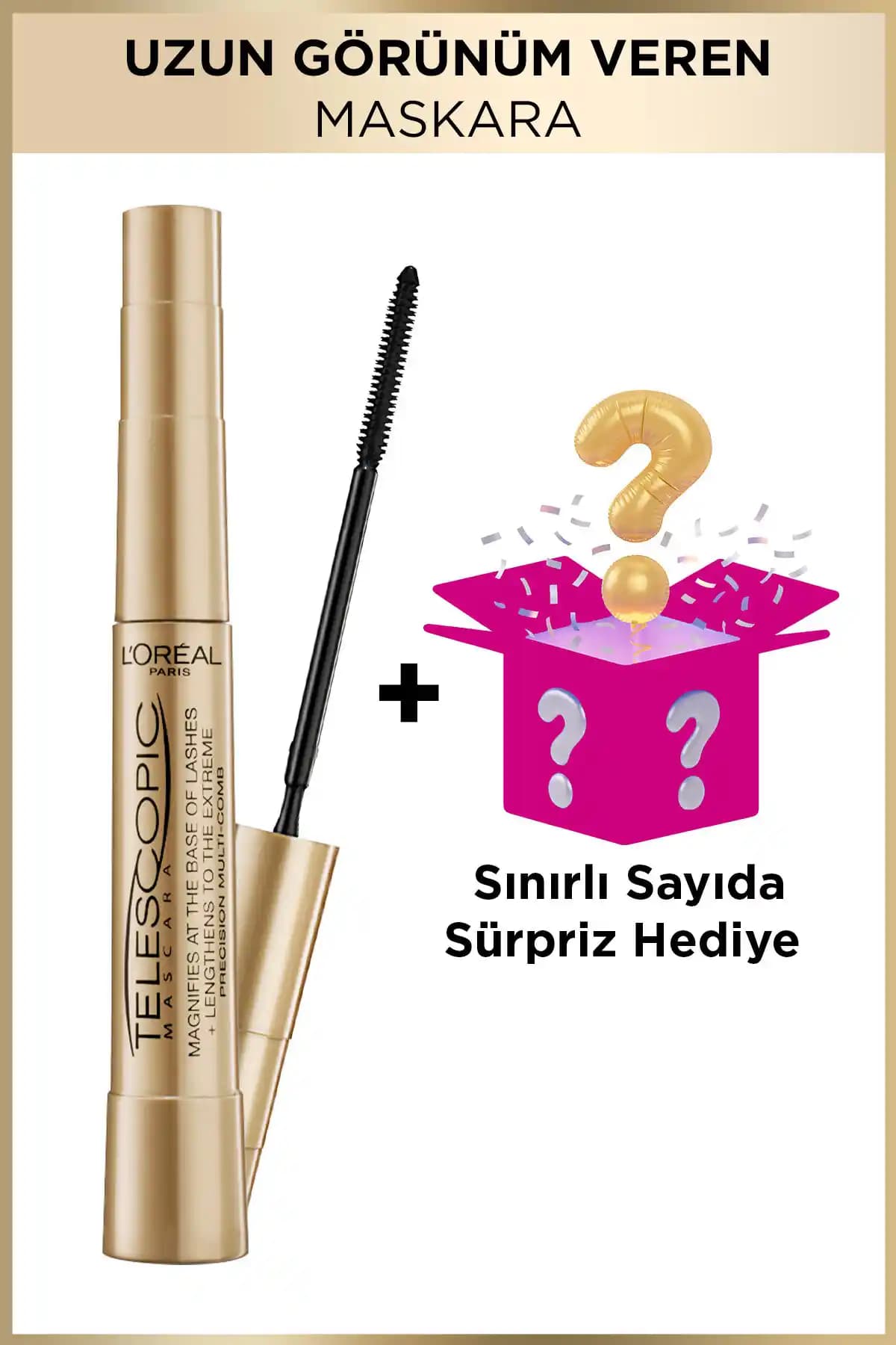 Telescopic Gold Maskara: Uzatma etkisi ve tek tek ayırma ile siyah kirpiklerde görünüm