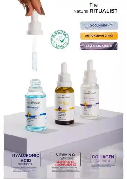 The Natural Ritualist 3'lü Serum Seti Hyaluronik Asit, C Vitamini ve Kolajen ile Gece Bakımı