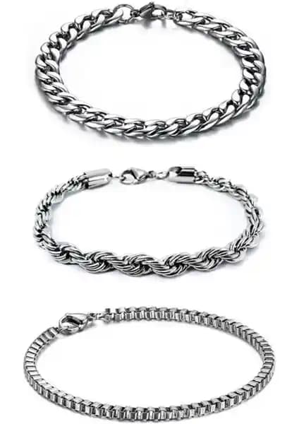 Trend Collection Gurmet Burgu ve Örme Model Unisex Spor 3'lü Bileklik Set - Gümüş Kaplama