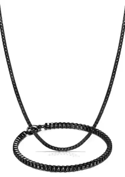 Trend Koleksiyon Küp Model Erkek Siyah Bileklik ve Kolye Zincir Set: Zarif Stil