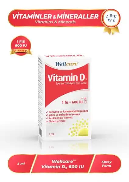 Türkiye Menşeli Wellcare Vitamin D3 Takviye: Zeytinyağı Bazlı, 5 ml Şişe, 600 IU
