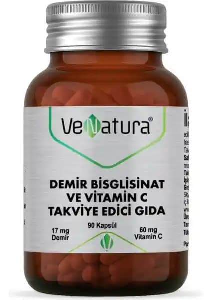 Venatura Demir Bisglisinat ve C Vitamini Takviye Gıda: 90 Kapsül, Türkiye Menşeli