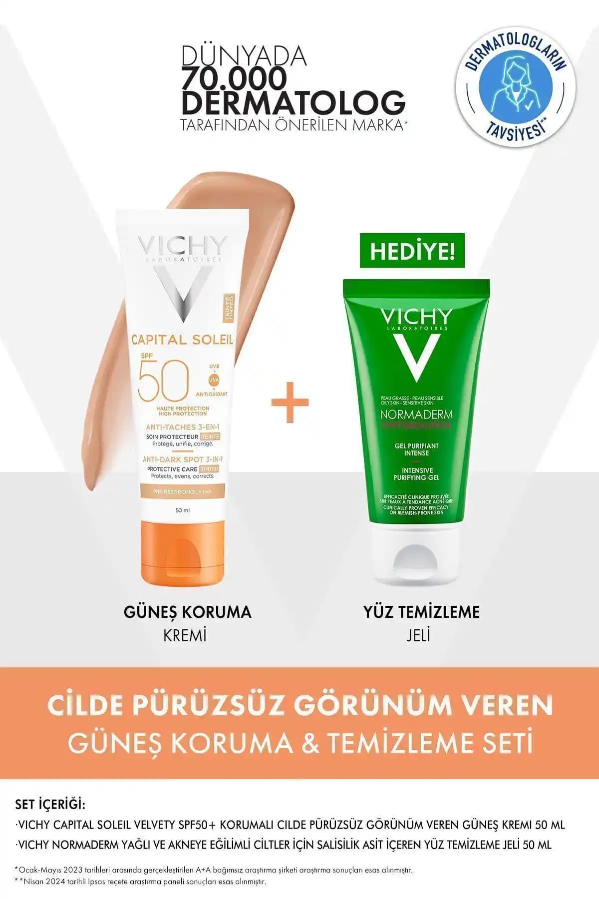 Vichy Capital Soleil Renkli SPF50+ Güneş Kremi ve Yüz Temizleme Jeli Seti ve Ton Uyumlu