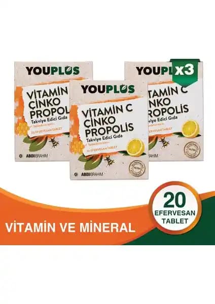 Youplus Vitamin C, Çinko ve Propolis Efervesan Tabletler: Limon Aromalı Direnç Desteği