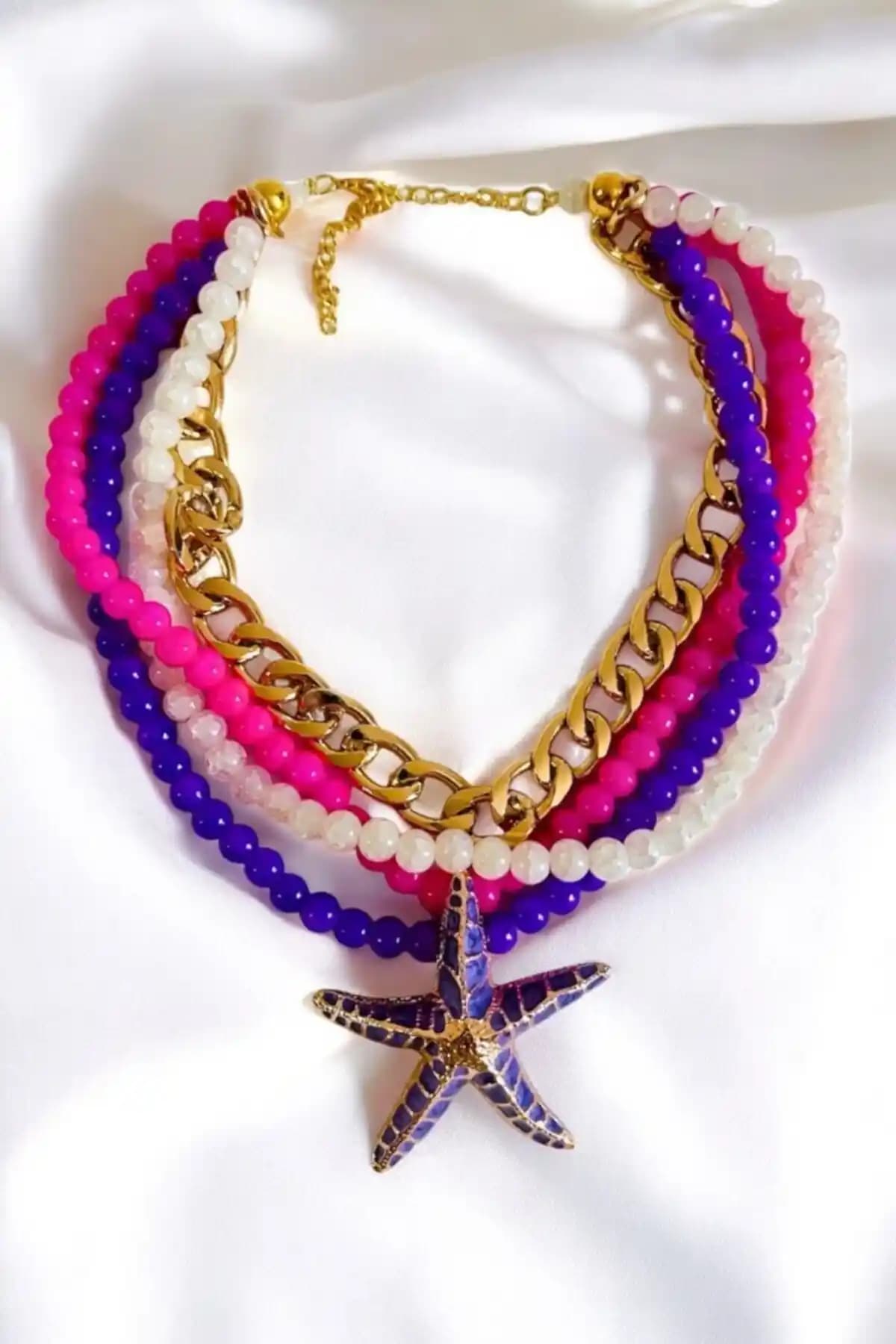 Petek Aksesuar Lila Mor Pembe Deniz Yıldızı Cam Boncuk Zincir Çoklu Kolye Tasarımı