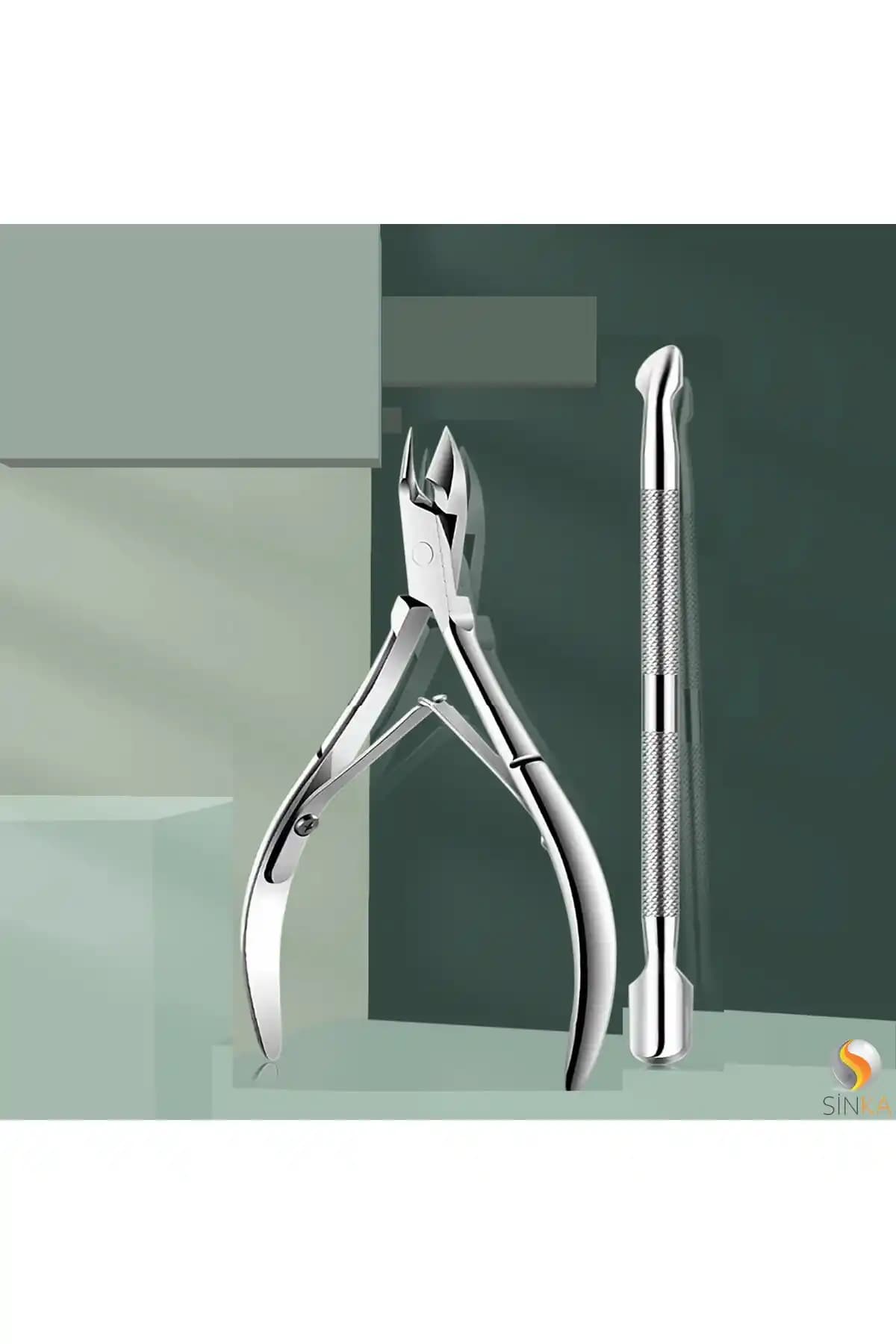 SİNKA Çift Yaylı Tırnak Eti Makası ve Yan İtici 2'li Paslanmaz Çelik Manikür Seti