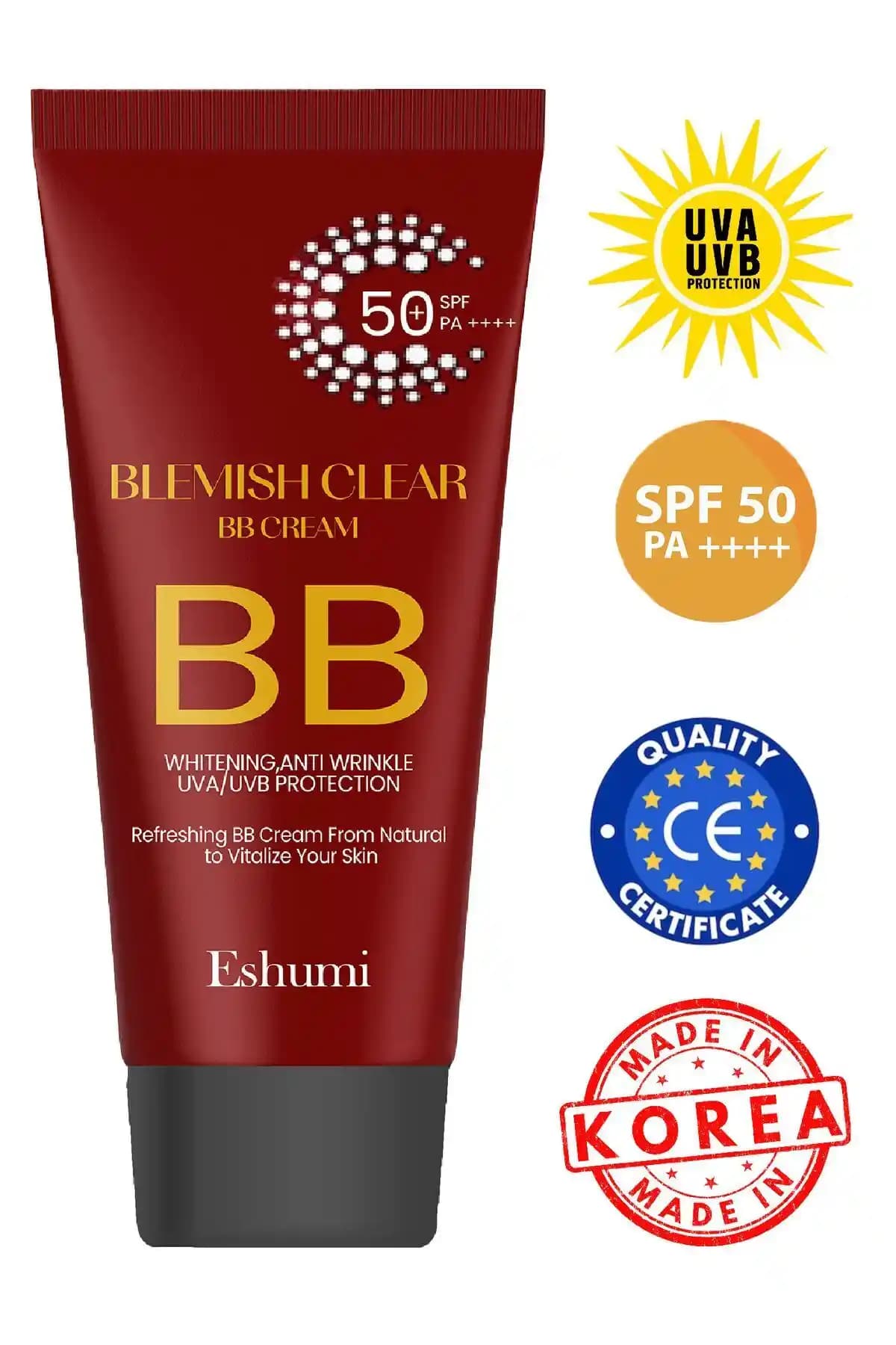 Eshumi BB Güneş Kremi SPF50 PA+++ ile Tüm Cilt Tipleri İçin Koruma ve Doğal Görünüm