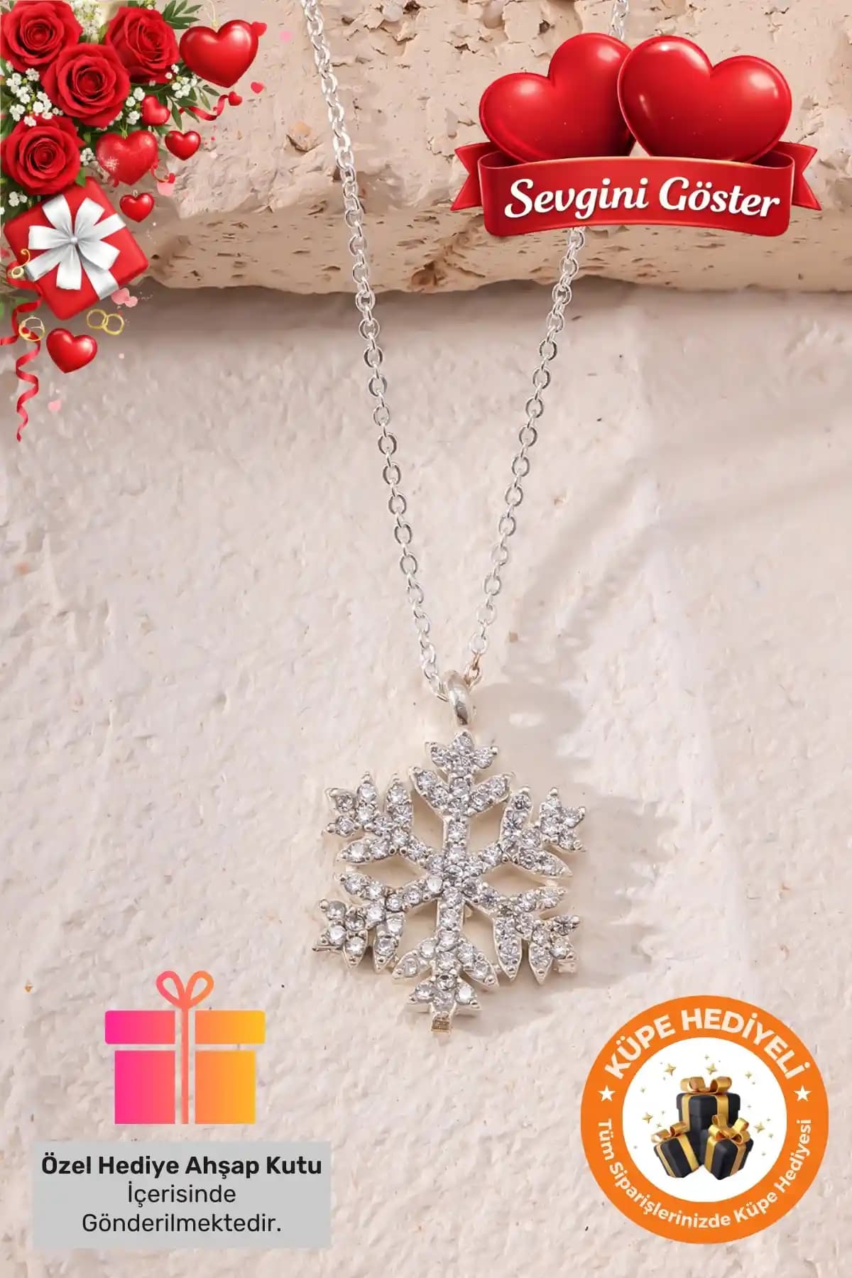 Lucente Jewelry 925 Ayar Gümüş Beyaz Taşlı Kar Tanesi Kadın Kolye Hediye