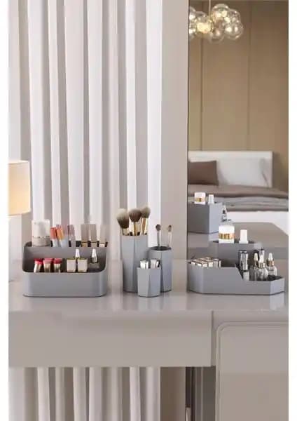 Apexel Makyaj Organizer Düzenleyici Fırçalık 3’lü Set Gri Modern ve Şık Tasarım