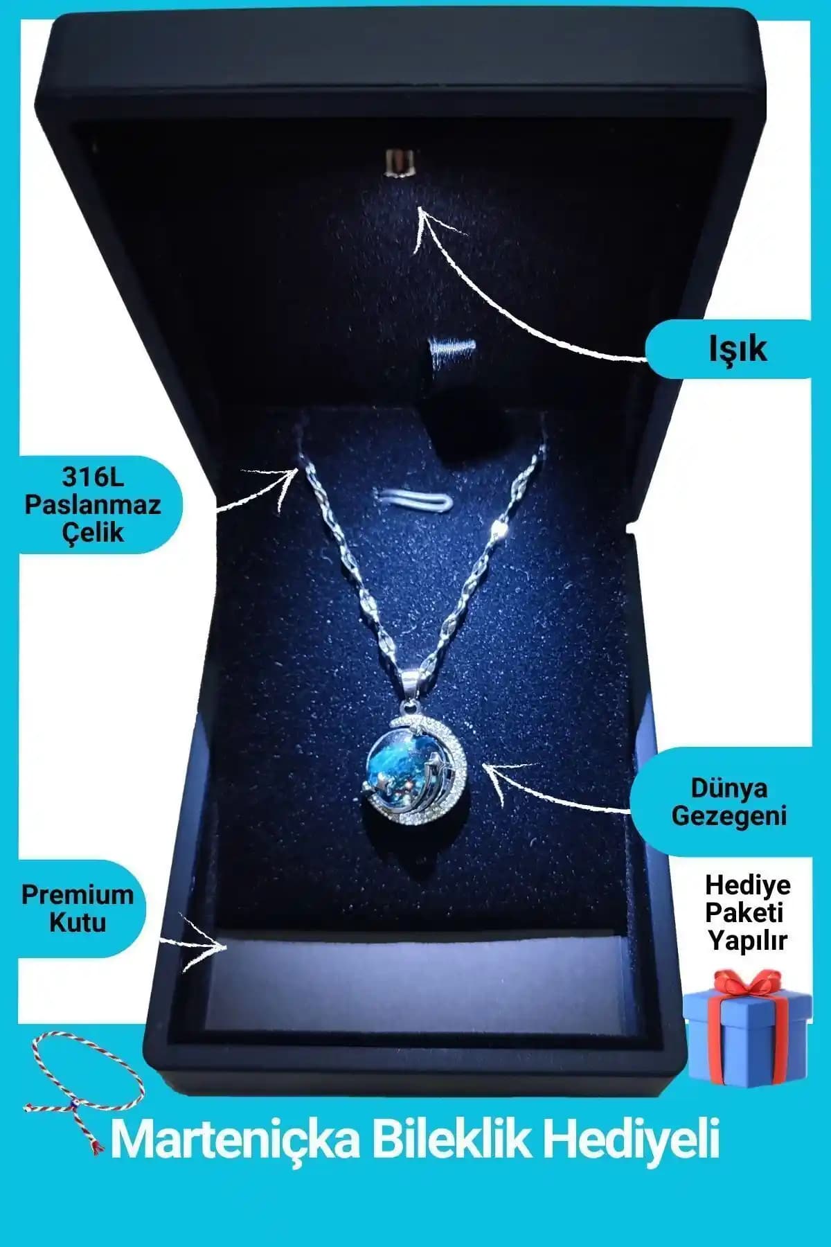 Gökyüzü ve Gezegen Temalı Işıklı Premium Kolye Kadınlar İçin Şık ve Anlamlı Takı Seçeneği