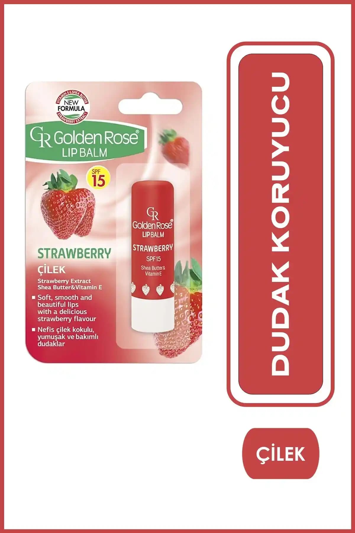 Golden Rose Çilekli Dudak Balsamı SPF 15 ile doğal görünüm ve güneş koruması sağlar