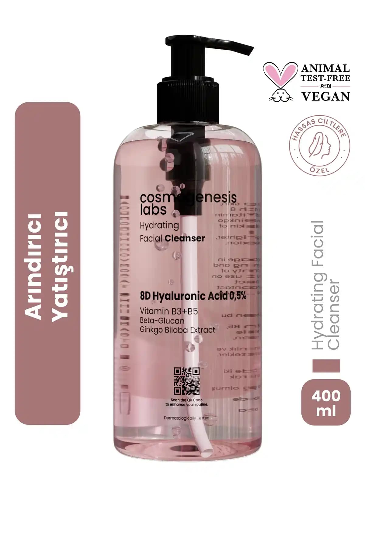 Hassas ve kuru ciltler için hyalüronik asit içeren yüz temizleme jeli