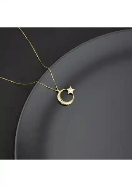 Miavi Silver 925 Ayar Gümüş Zirkon Taşlı Ay Yıldız Kolye Kadınlar İçin Zarif ve Çok Yönlü Takı