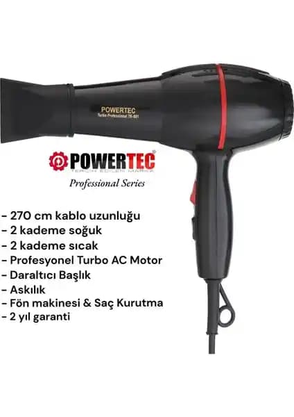 Powertec TR-801 Profesyonel Saç Kurutma ve Fön Makinesi: Güçlü ve Dayanıklı Tasarım