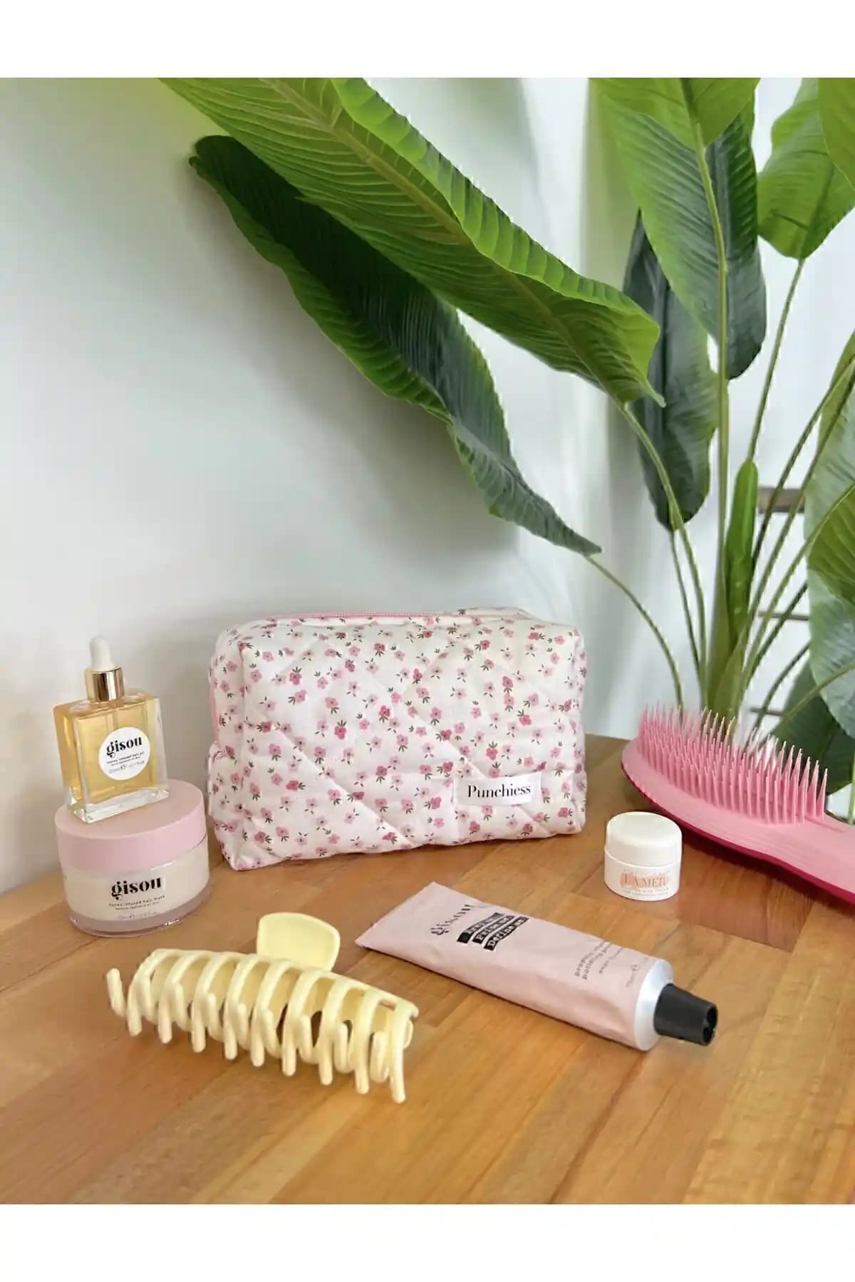 Punchiess Pembe Çiçekli Büyük Boy Makyaj Çantası Şık ve Dayanıklı Tasarım