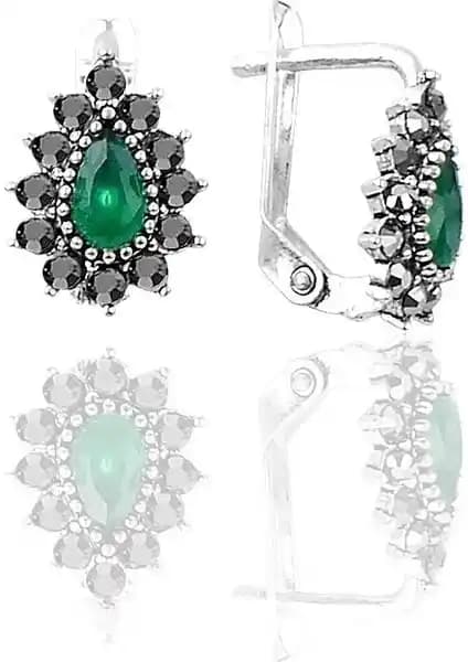 Söğütlü Silver Gümüş Damla Modeli Küpe Markazit ve Kök Zümrüt Taşlı