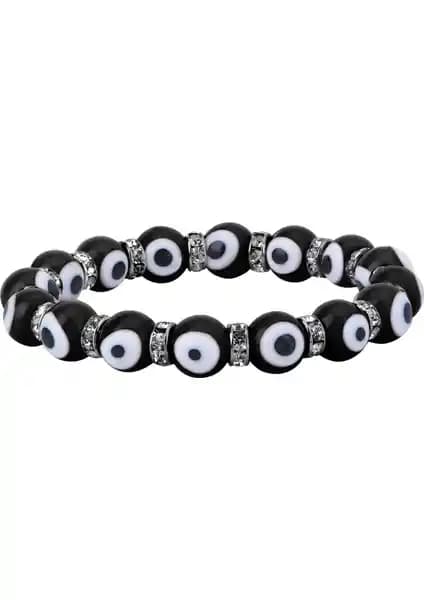 Coşar Silver Siyah Nazar Boncuklu Kristal Taşlı Rondel Bileklik 10 mm Gümüş Takı