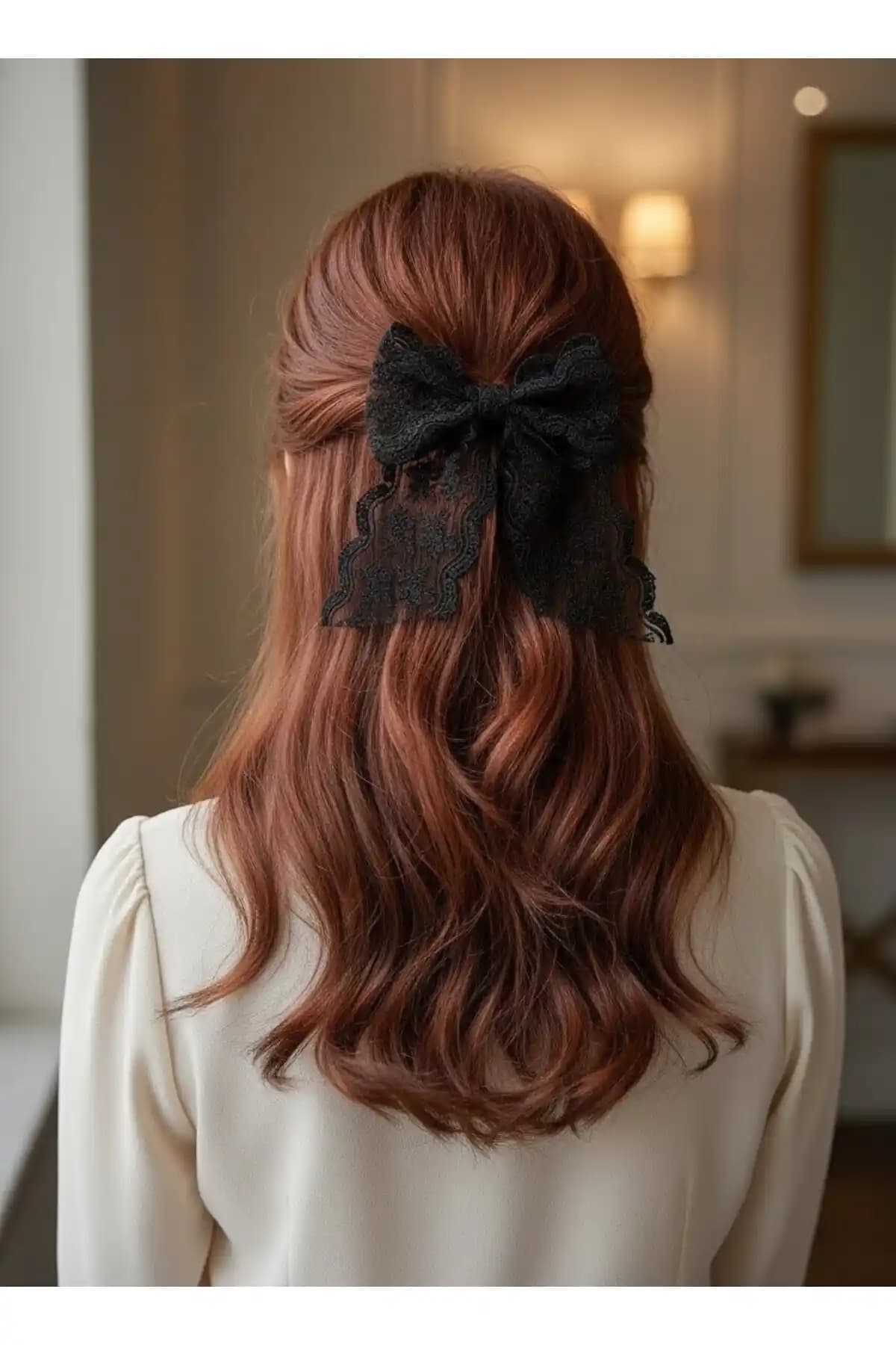 El Yapımı Siyah Dantel Fiyonk Toka - Romantik ve Zarif Saç Aksesuarı