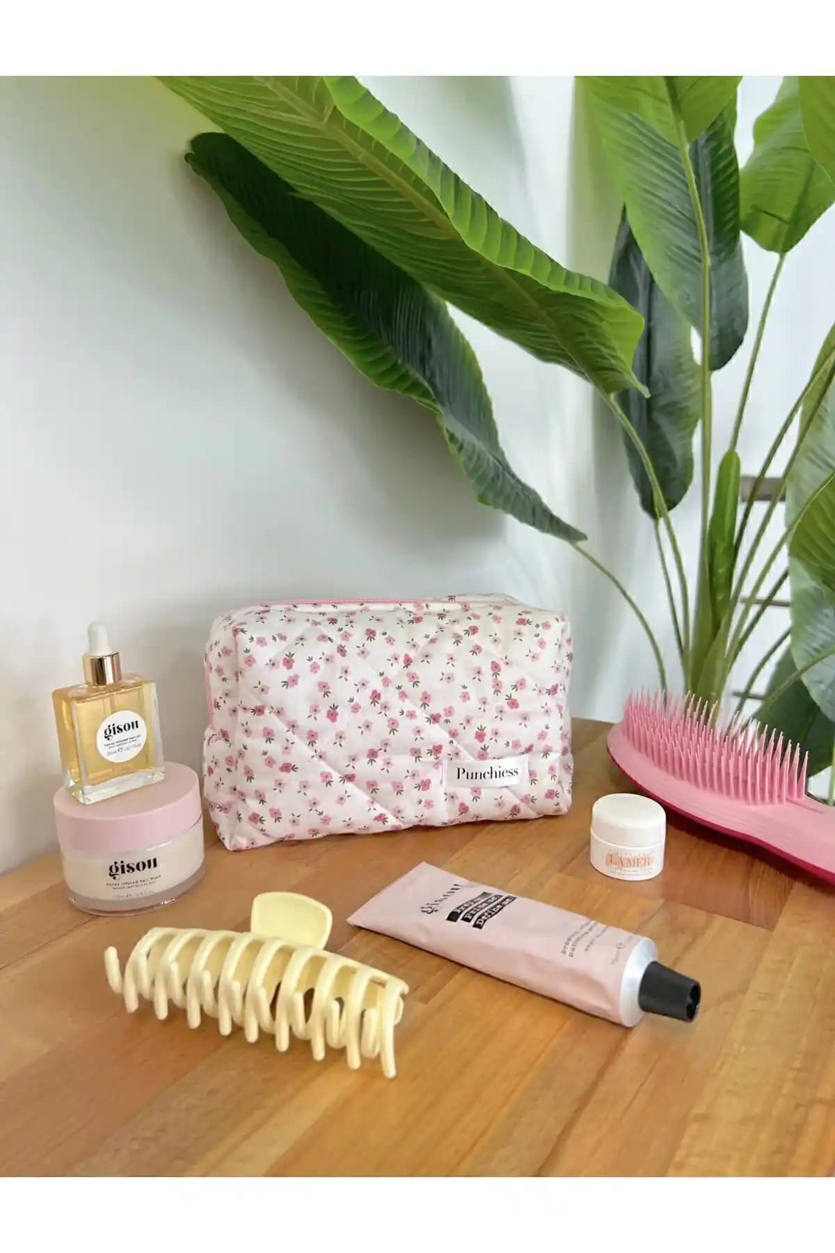 Punchiess Pembe Çıtır Çiçekli Makyaj Çantası Kadınlar İçin Şık ve Dayanıklı Tasarım