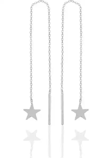 Söğütlü Silver Yıldız Zincir Küpe 925 Ayar Gümüş Rodyum Kaplama Zarif Tasarım