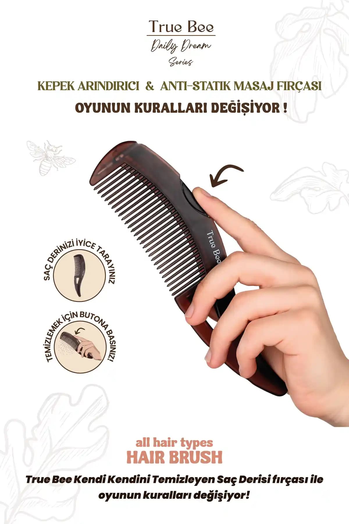 True Bee Kepek Kaldırma ve Anti-Statik Masaj Fırçası ile Saç Derisi Sağlığınızı Destekleyin