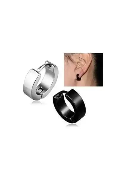 Unisex Siyah ve Gümüş Cerrahi Çelik Halka Küpe Modern ve Şık Tasarım